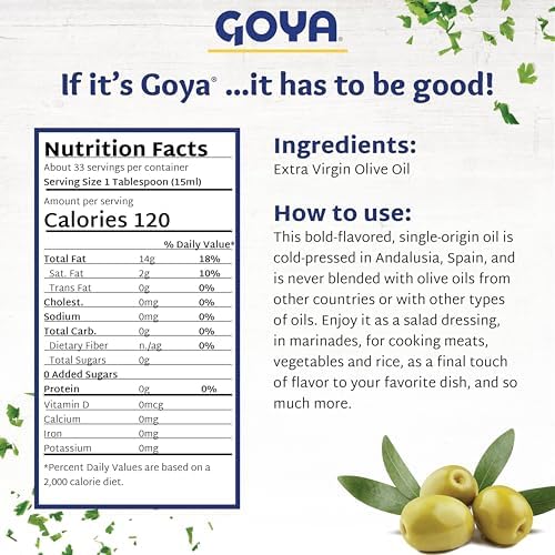Extra Virgin Olive Oil by Goya, Cold Pressed, Evoo Extra Virgin Olive Oil for Cooking, Polyphenol Rich, 34 fl oz. Bottle (Pack of 2)