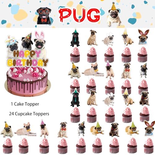 25 Pcs Pug Cake Topper Cupcake Toppers Pug Dog Cake Decorations for Pug Party Decorations Pug Birthday Party Supplies