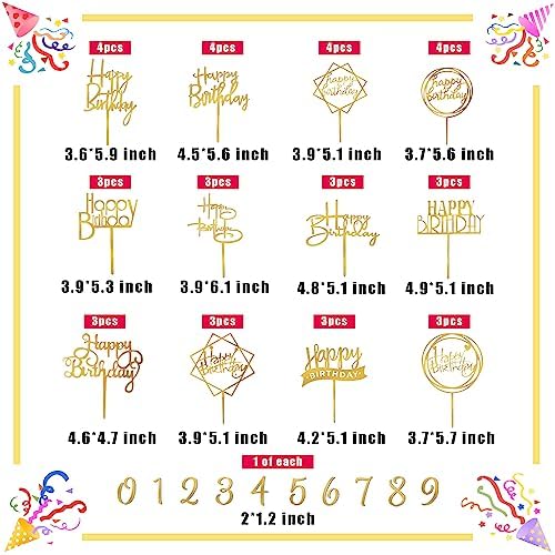 50 PCS Gold Happy Birthday Cake Topper Acrylic Cupcake Topper Pick for Birthday Cake Desserts Decorations (Gold)