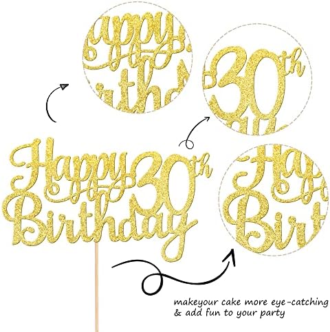 1 PCS Happy 30th Birthday Cake Topper Gold Glitter Cheers to 30 Years Birthday Cake Pick 30 Fabulous Cake Decoration for Happy 30th Birthday Anniversary Party Decorations Supplies