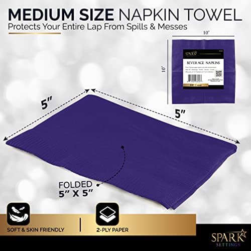 100 Pack Purple Beverage Napkins, Big Party Pack, 2 Ply, Ideal for Wedding, Party, Birthday, Dinner, Lunch, Cocktails. (5” x 5”) by Amcrate
