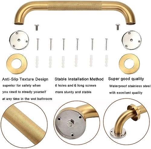 Shower Grab Bar, 2 Pack 32 Inch Gold Bathroom Grab Bar, 1.25" Diameter 304 Stainless Steel Anti-Slip Grab Bars for Bathtubs and Showers, Handicap Shower Grab Bar for Seniors Elderly