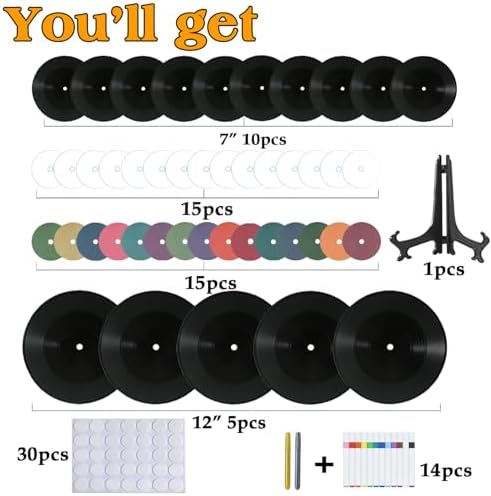 5 12 Inch & 10 7 Inch Vinyl Records Decor Set, Double-Sided Blank Records with 14 Pens, 30 Labels, Triple Display Methods, Popular Vinyl Records for Birthday Guestbook Party Decor