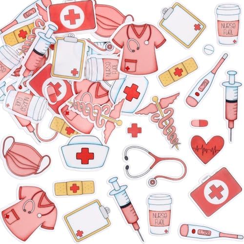 Ercadio 60Pcs Edible Nurse's day Cupcake Toppers 15 Styles Edible Pink Nursing School Grad Cupcake Topper Happy Nurse Week Themed Drink Cupcake Decoration Picks For Birthday Party Baby Shower Supplies