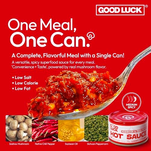 GOOD LUCK Mushroom Hot Sauce, Spicy Chili Oil and Chili Paste with High-Grade Instant Mushroom Sauce, Chopped Chili Sauce,Fresh Pepper,Soybean,Garlic,6 Cans