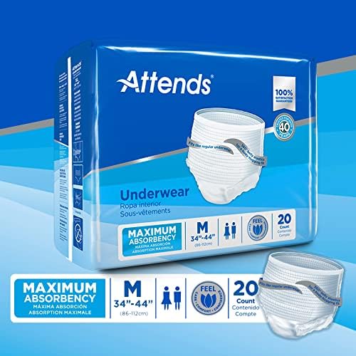 Attends Adult Absorbent Underwear, Medium [20 Count] - Maximum Absorbency for Men and Women - Disposable Pull-On Diapers with Tear-Away Sides and Breathable Waistband - AP0720