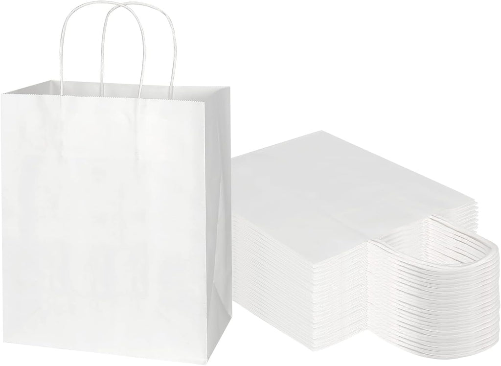 Toovip 50 Pack 8x4.75x10 Inch Medium White Kraft Paper Bags with Handles Bulk, Gift Wrap Bags for Favors Grocery Retail Party Birthday Shopping Business Goody Craft Merchandise Take Out Sacks