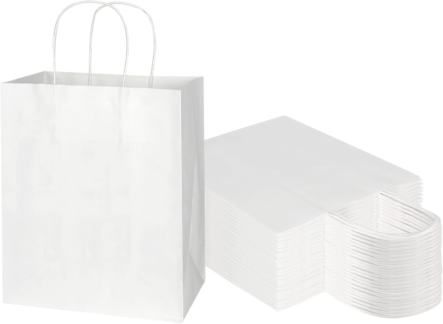 Toovip 50 Pack 8x4.75x10 Inch Medium White Kraft Paper Bags with Handles Bulk, Gift Wrap Bags for Favors Grocery Retail Party Birthday Shopping Business Goody Craft Merchandise Take Out Sacks