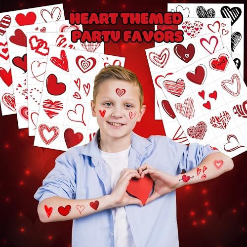 96PCS Red Heart Pre Cut Temporary Tattoos Themed Birthday Party Decorations Supplies Favors Decor Valentine Love Tattoo Stickers Gifts For Game Boys Girls Classroom School Prizes Couple Anniversary
