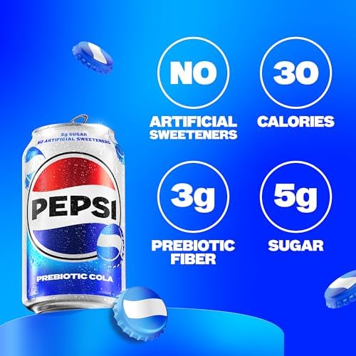 Pepsi Prebiotic Cola, 12 fl oz Cans (8 Pack), 30 Calories, 5g Prebiotic Fiber, 5g Sugar, Soda Pop