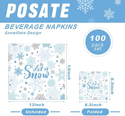 100 Pcs Winter Paper Napkins 6.5 x 6.5 Inch Snowflake Cocktail Napkins Christmas Napkins Party Beverage Napkins 2 Ply Disposable Napkins for Christmas New Year Winter Holiday Dinner Party Supplies