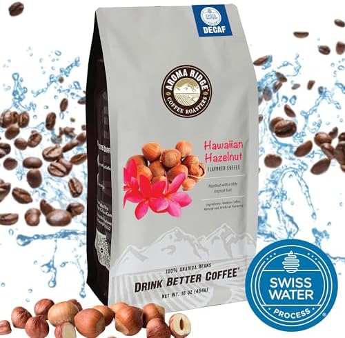 Aroma Ridge Hawaiian Hazelnut Decaf Coffee, Swiss Water Process, 100% Arabica Beans, Medium Roast,16 Ounces Whole Bean