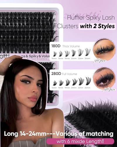 Fluffy Lash Clusters with Spikes 180D+280D Thick Spiky Cluster Eyelash Extensions 14-24MM Long Lash Clusters Wispy Individual Lashes Manga Eyelashes Extension at Home by zenotti