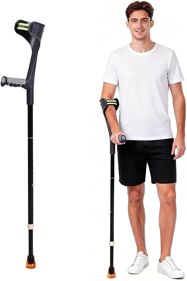 Folding Forearm Crutche for Adults - 10-Level Adjustable Telescopic, Lightweight Aluminum and TPR, Fits 55.1-74.8in Height, 0.97lbs Mobility Aid (Black)-1PC