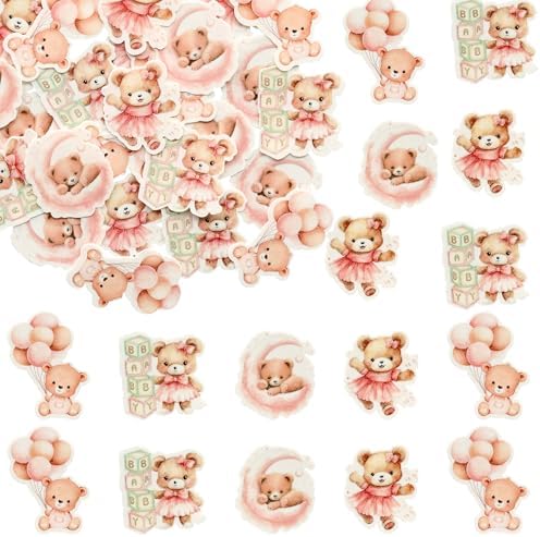 Gyufise 48Pcs Edible Baby Bear Cupcake Toppers - Wafer Paper Moon Bear - Baby Shower Cake Topper Decorations - Jungle Animal Theme - Pink