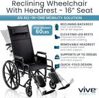Vive Mobility Reclining Wheelchair w/Elevating Leg Rests - Heavy Duty Recliner Wheel Chair for Seniors & Adults - Narrow 16" Seat, up to 300lbs - High Back, Leg & Head Support - Comfortable Headrest