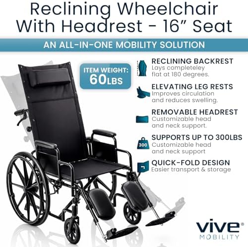 Vive Mobility Reclining Wheelchair w/Elevating Leg Rests - Heavy Duty Recliner Wheel Chair for Seniors & Adults - Narrow 16" Seat, up to 300lbs - High Back, Leg & Head Support - Comfortable Headrest
