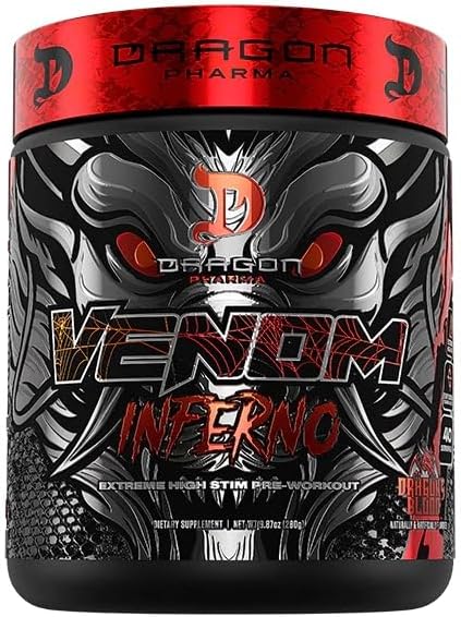 DRAGON PHARMA Venom Inferno, Extreme High-Stim Pre-Workout, Explosive Energy and Unparalleled Focus (40 Servings, Dragon's Blood)