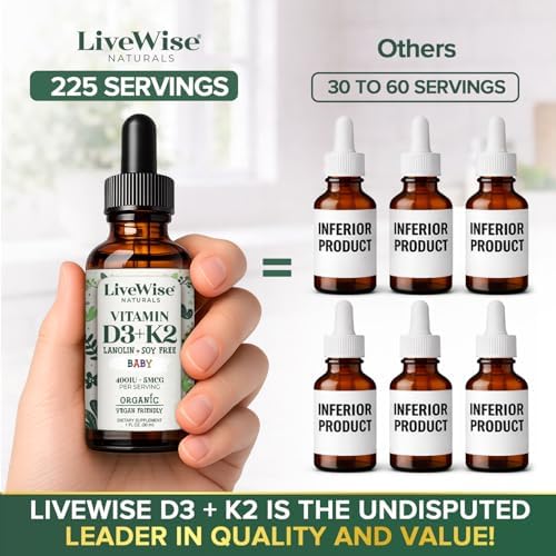 Live Wise Naturals Organic Vitamin D3 K2 Liquid Drops for Babies, Concentrated Formulation, 225 Servings, (MK-7), Micro-Dose Dropper, Gentle Daily Supplementation, Early Development, Precise Dosing