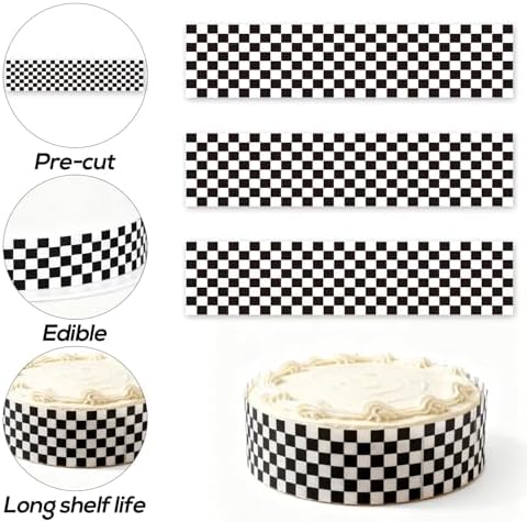 6pcs Edible Cake Borders, 28x6.2cm/11x2.44in Black White Checkered Race Car Theme Birthday Cake Decorations Pre-Cut Rice Wrap Paper Strips Decor for Racing Theme Image Party Kids Birthday
