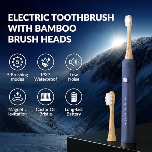 Bamboo Electric Toothbrush for Adults，Sonic Electric Toothbrush with 4 Bamboo Heads, Soft Castor Oil Bristles, 5 Modes, Smart Timer, Sonic Technology, IPX7 Waterproof, 70-Day Battery Life-Navy