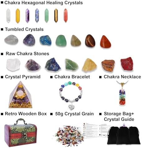 Chakra Healing Stones Set - 7 Raw & 7 Tumbled Crystals with 7 Bullet Shaped Stones, Chakra Necklace, Healing Bracelet & Orgone Pyramid - Spiritual Gift for Reiki, Meditation, Energy Balancing