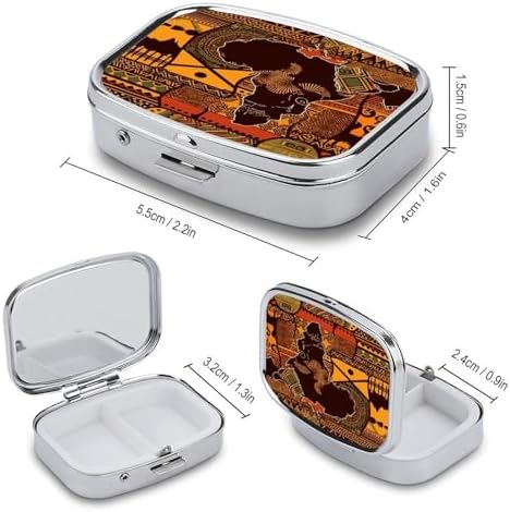 African Map Ethnic Pattern Pill Box 2 Compartment Decorative Metal Pill Case for Pocket Or Purse Travel Portable Medicine Box Pill Container Organizer for Vitamins Fish Oils Supplements
