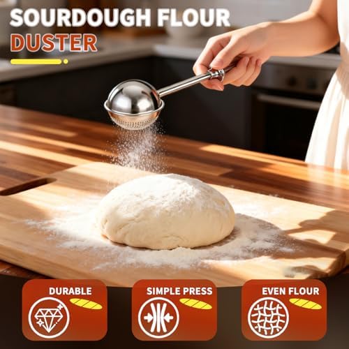 2 Pack Sourdough Flour Duster for Baking, Powdered Sugar Duster, One-Handed Operation Flour Dusting Wand, 304 Stainless Steel with Spring-Operated Handle, Easy to Use, Perfect for Sourdough Bread