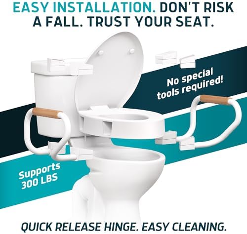 Lunderg Raised Toilet Seat with Handles - Elongated - Easy to Install Toilet Seat Risers for Seniors - Adds 3 Inches & Works like the one you’ve always used - Elegant design - No Hospital Vibe