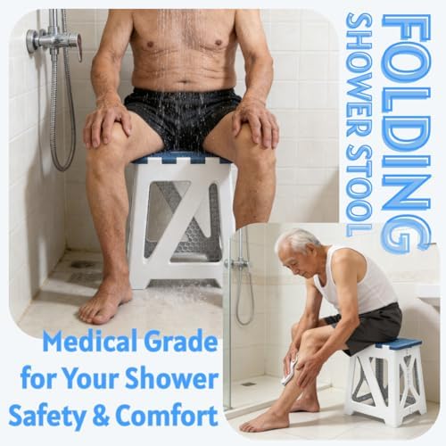 Folding Shower Stool - Foldable & Anti-Slip Shower Chair for Inside Shower - 330lbs Safety Waterproof Plastic Fold Up Shower Seat - Portable Travel Compact Bath Bench for Elderly, Handicap & Disabled