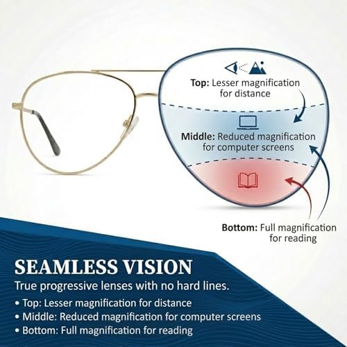 In Style Eyes C Moore PROGRESSIVE BIFOCAL Reading Glasses - Requires Adjustment Period - Wired Aviator Metal Frame
