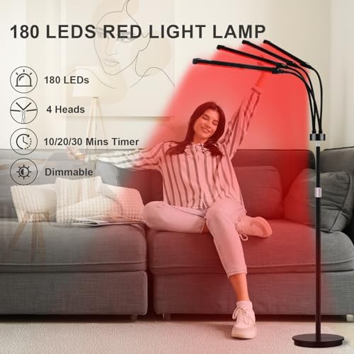 180LEDs Red Light Lamp with Stand, 660nm & 850nm & 940nm Red LED Lights with 4 Heads, Infra Light Lamps with Timer, Near Infrared Lamp for Home Use