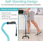 Vive Quad Cane - Walking Stick for Men and Women - Lightweight Adjustable Staff - Comfortable Right and Left Hand Grip for Stability Support - Four Prong Sturdy Aluminum Travel Aid - 4 Tip Blue