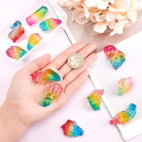 NBEADS 200g Rainbow Titanium Coated Rough Crystal Point Raw Rock Quartz Cluster Specimen Stones, No Hole Dyed Tourmaline Plating Natural Quartz Crystal Beads for Crafts Decor Vase Filler, About 8 Pcs