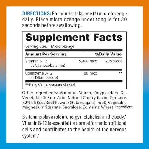 Vitamin World Vitamin B-12 5000 mcg. Sublingual 60 Microlozenges, Supports Energy Metabolism, Supports Heart Health