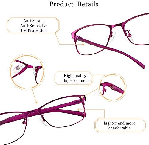 LifeArt Alloy Semi-Rimless Reading Glasses,Blue Light Blocking Glasses, Anti Eyestrain, Computer Gaming Glasses, TV Glasses for Women Men, Anti Glare (Purple, +0.75 Magnification)