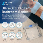 Active Era Digital Body Weight Scale - Ultra Slim High Precision Bathroom Scale with Tempered Glass, Step-on Technology and Backlit Display - Body Weighing Scale 180kg / 400lb (lbs/Stone/kgs)