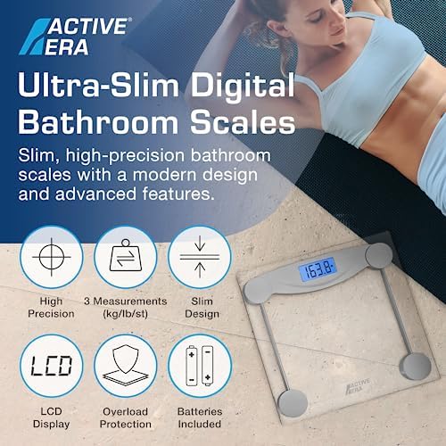 Active Era Digital Body Weight Scale - Ultra Slim High Precision Bathroom Scale with Tempered Glass, Step-on Technology and Backlit Display - Body Weighing Scale 180kg / 400lb (lbs/Stone/kgs)
