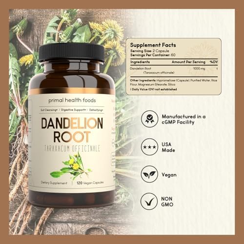Organic Dandelion Root 1000 mg | Digestive Support, Cleansing and Detox | Vegetarian, Non-GMO