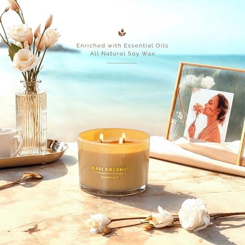 Luxury Coconut Scented Candle - Large 3 Wick Jar Candle - Elegant Gift for Women & Men - 100% Natural Soy Wax - Up to 40 Hours Burning Time - Housewarming Aromatherapy Candle for Home