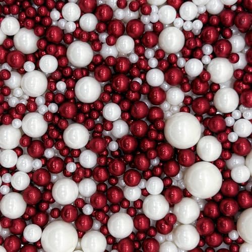 Edible Red & White Sugar Pearls Sprinkles Candy Mix Size Pearls Cake Decorations Cupcake Toppers Decorating Perfect for Wedding Party Valentine Christmas Supplies 4.58OZ