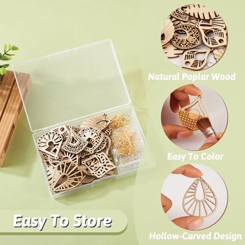 EEE ELECRELIVE 14 Pairs Wooden Dangle Earring Making Kit - Teardrop, Rhombus, Kite, Leaf Shapes - Natural Wood Earring Blanks with Hooks for DIY Craft Jewelry Making
