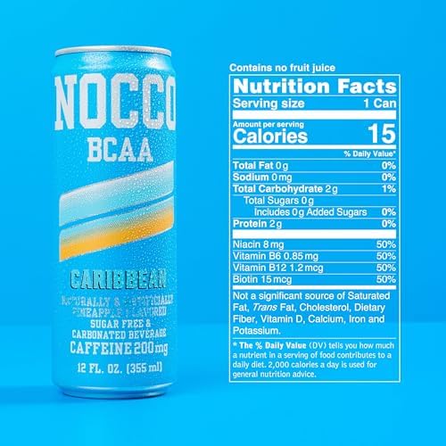 NOCCO Zero Sugar Energy Drink, Caribbean - 12 Fl Oz (Pack of 12) - 180mg Caffeine, Sugar Free with BCAAs - Branched Chain Amino Acids, Carbonated & Low Cal, B Vitamins, Grab & Go Performance Beverage