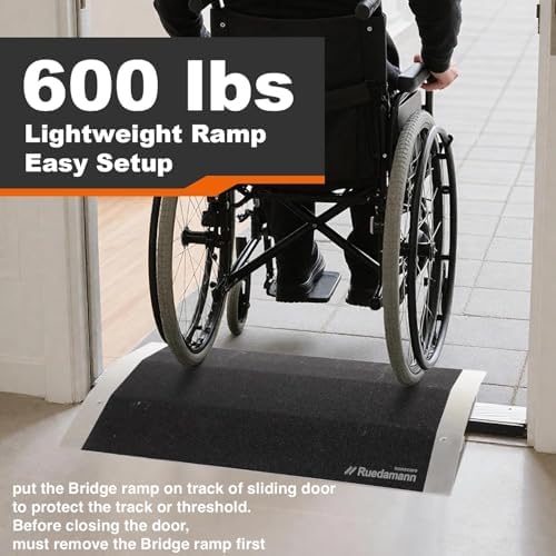 Ruedamann 1.5“ Rise Bridge Threshold Ramp, Wheelchair Ramp with Detachable Supporting Frame and Non-Slip Surface, Aluminum Door Ramps for Wheelchairs, Stairs, Vans, Scooters, Steps