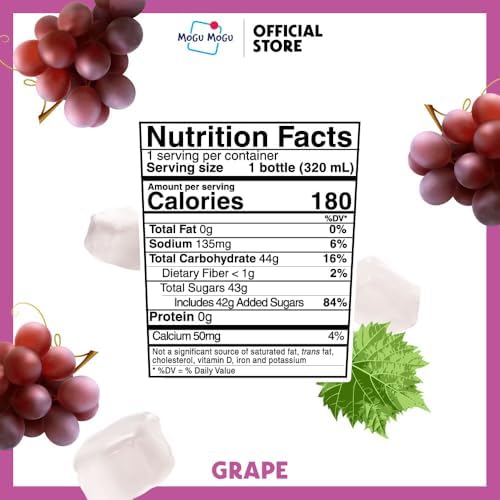 Mogu Mogu Grape Juice Drink with Nata de Coco (Coconut Jelly) – Chewy Fruit Beverage for Kids & Adults, 6 Pack Bottles, 10.82 fl oz Each