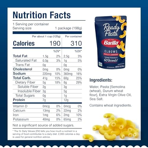 Barilla Ready Pasta, Fully Cooked Elbows Macaroni Pasta, Non-GMO & Kosher, 7 oz (Pack of 7)