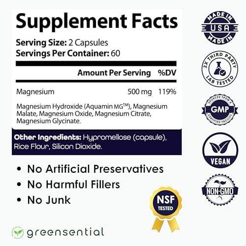 Greensential 5-in-1 Magnesium Complex 500mg | Glycinate, Malate, Citrate, Oxide & Aquamin® | High Absorption Chelated | 2X 3rd-Party Tested, Vegan, 120 Capsules