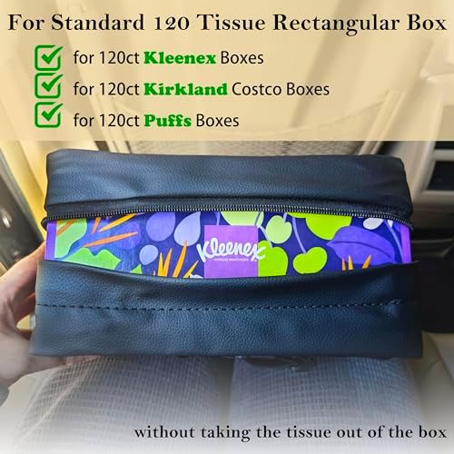 Car Tissue Holder for 120 Standard Tissue,Leather PU Tissues Box Cover for Car Backseat,Extra Large Rectangle Napkin Holder Soft Rectangular,Fits for Kleenex tissues,for Storage& Organization (Black)