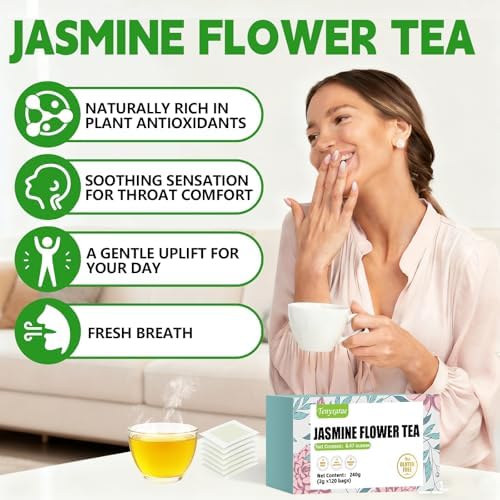 Jasmine Flowers Tea Bags-120 Teabags, 2g/Bag, Made with 100% Natural Jasmine Flowers. Helps with Relieve Fatigue and Antioxidation | Caffeine-Free | Sugar-Free | Gluten-Free | Vegan. Eco-Friendly Tea Bags