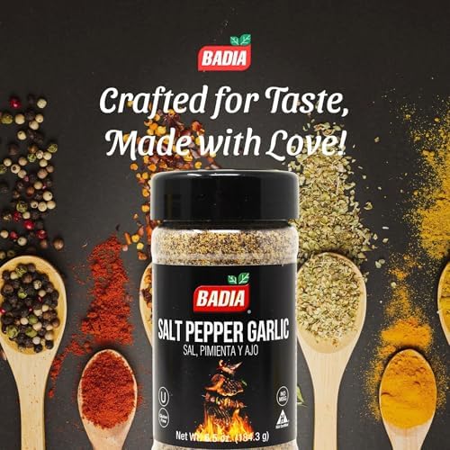 Badia Salt Pepper Garlic Seasoning, 6.5 oz - All Purpose Spice Blend for Rubs, Beef, Chicken, Steak, Vegetables - Gluten Free, No MSG